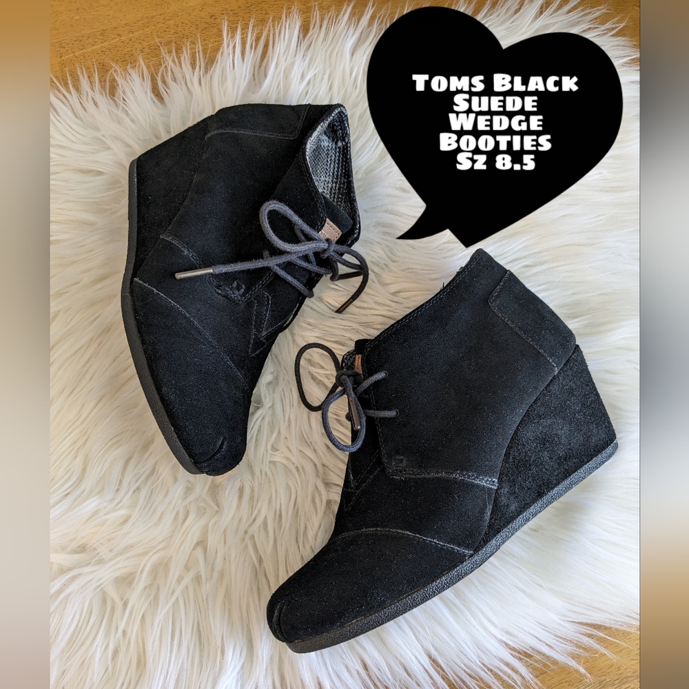 Toms Black Suede Wedge Booties Sz 8.5